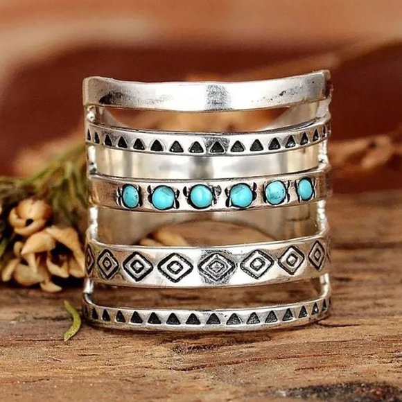 Bohemian Antique Silver & Turquoise Southwestern Layered Stacked Unisex Ring NEW - Picture 6 of 6